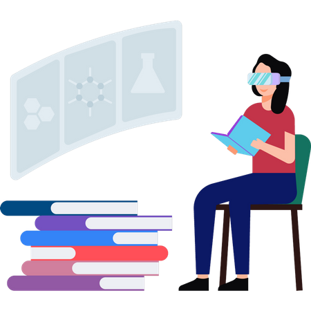 Girl reading books with VR glasses  Illustration