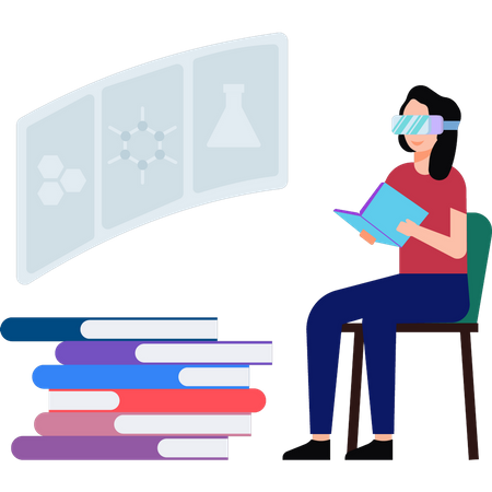 Girl reading books with VR glasses  Illustration