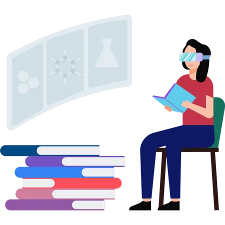 Girl reading books with VR glasses  Illustration