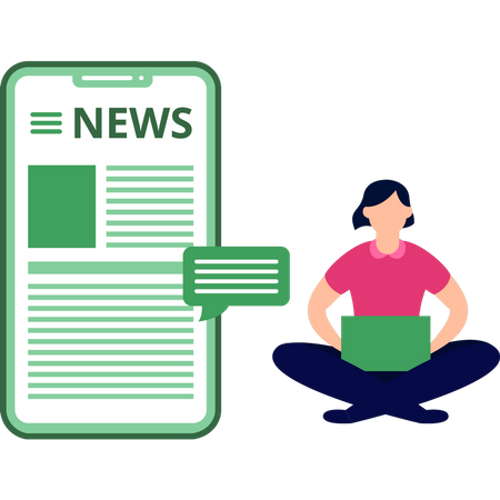 Girl reading news on laptop  Illustration