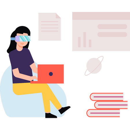 Girl reading on laptop wearing VR glasses  Illustration