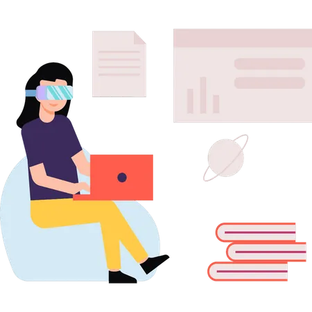 Girl reading on laptop wearing VR glasses  Illustration