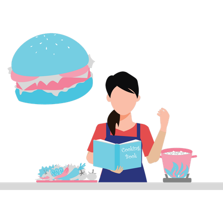 Girl reading recipe book  일러스트레이션
