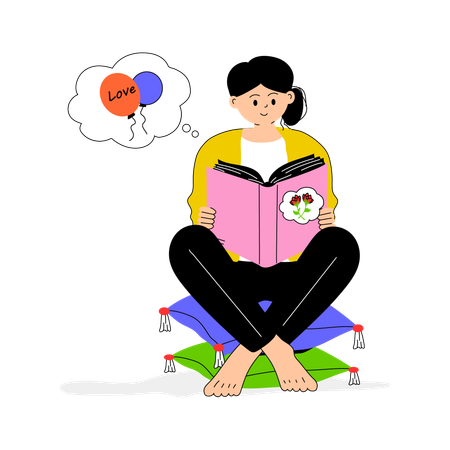 Girl reading Romantic love story from book  Illustration