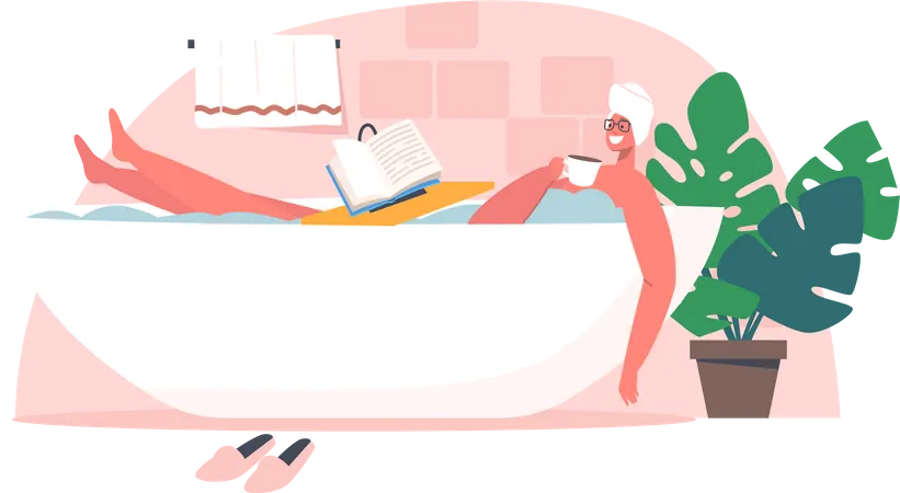 Girl reading while having bath in bathtub Illustration