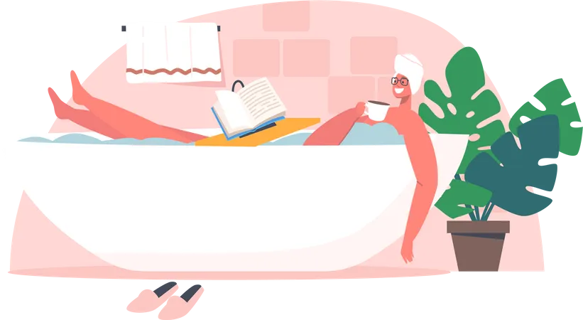 Girl reading while having bath in bathtub  Illustration