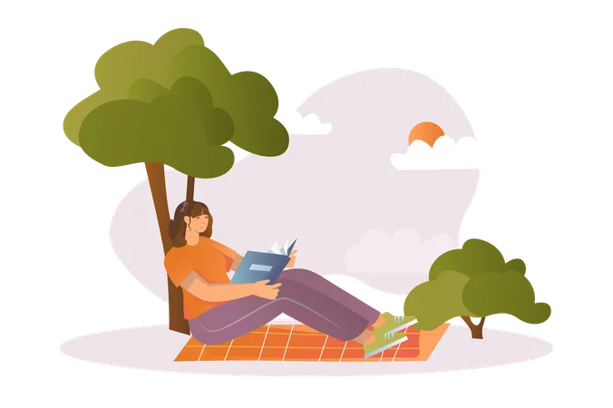 Girl reads  book on picnic  Illustration