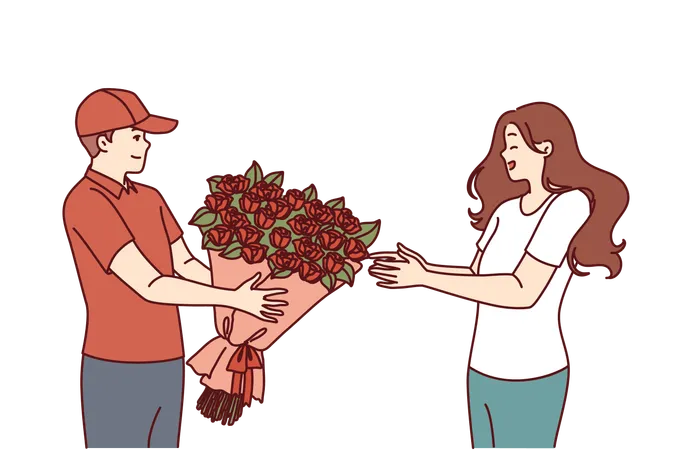 Flower Delivery Man Hands Bouquet To Woman Delighted With Unexpected Valentine Day Gift From Boyfriend Courier Hands Bouquet Of Red Roses To Happy Client To Advertise Services Of Flower Shop Illustration