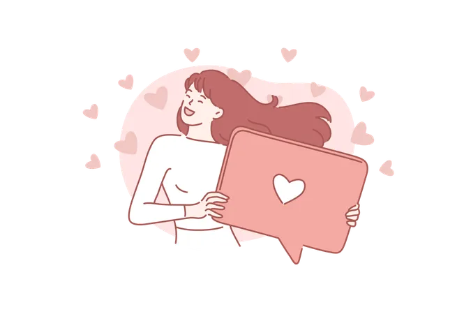 Social Networking Promotion Smm Concept Young Happy Excited Woman Or Girl Holding A Speech Bubble Sweet Lady In A Great Mood Puts A Big Like Romantic Dreamy Advertising Content Simple Flat Vector Illustration