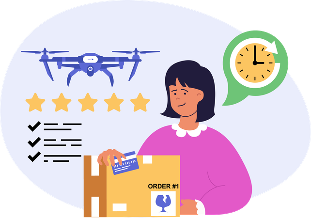 Girl receiving drone delivery  Illustration