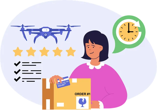 Girl receiving drone delivery  Illustration