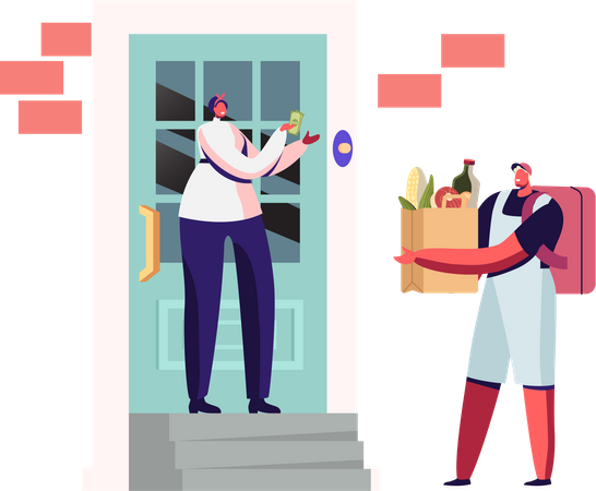 Girl receiving Grocery delivery and paying via cash Illustration