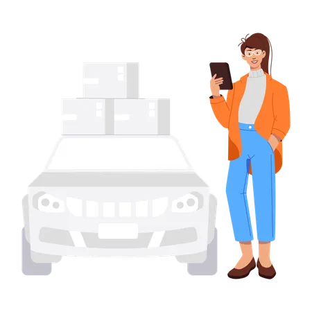 Girl receiving parcel through car  Illustration