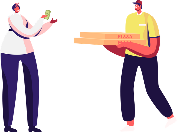 Girl receiving pizza delivery and paying via cash Illustration