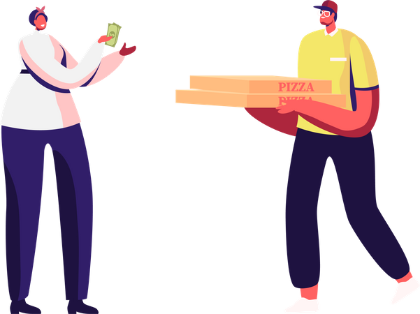 Girl receiving pizza delivery and paying via cash  Illustration