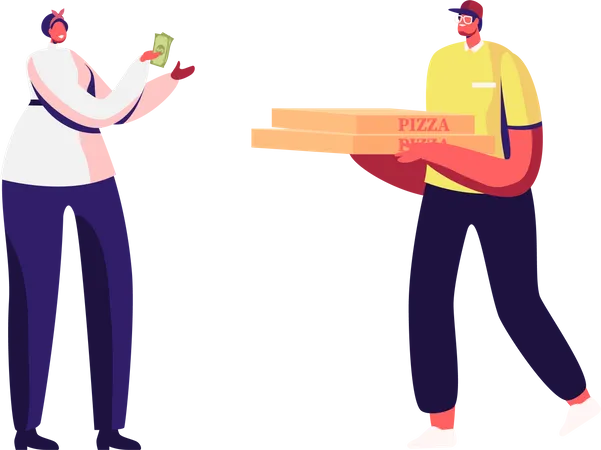 Girl receiving pizza delivery and paying via cash  Illustration