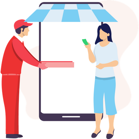 Girl receiving pizza delivery and paying via cash  Illustration