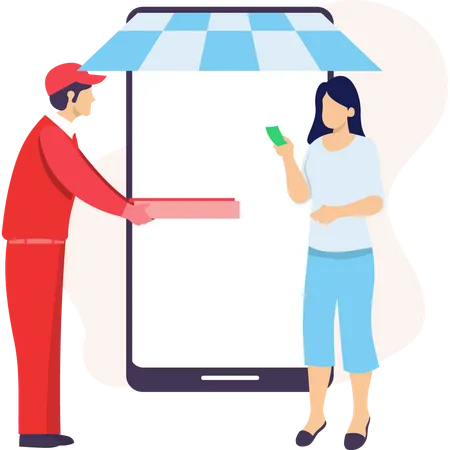 Girl receiving pizza delivery and paying via cash  Illustration