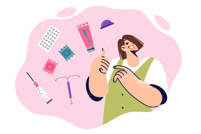 Girl recommends female contraception and shows thumbs up  Illustration