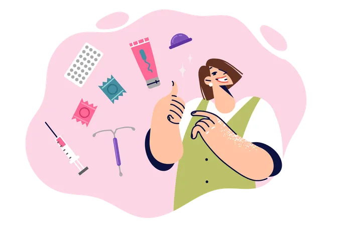 Girl recommends female contraception and shows thumbs up  Illustration