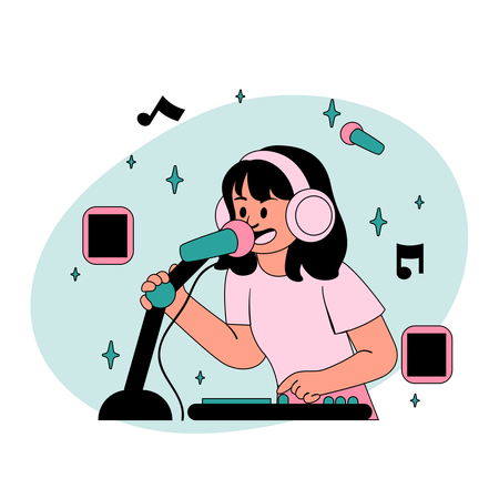 ポッドキャストを録音している女の子  イラスト
