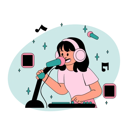 ポッドキャストを録音している女の子  イラスト