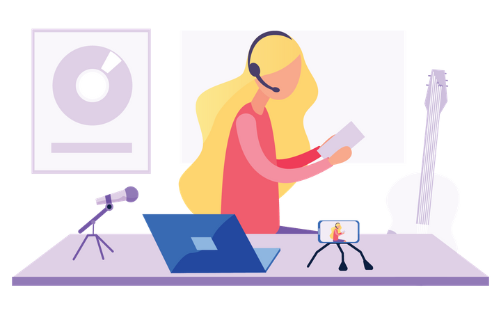 Girl recording podcast  イラスト