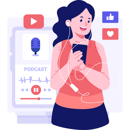 Girl recording podcast using mobile phone  イラスト