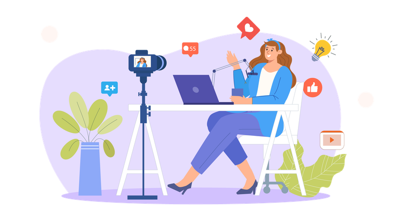 Girl records social media podcast for her followers  Illustration