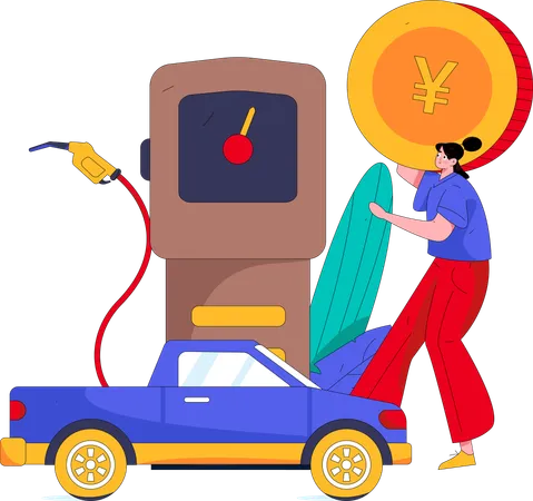 Girl refueling car at gas station  Illustration
