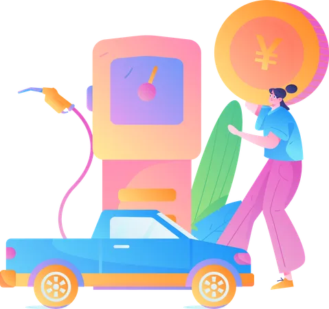 Girl refueling car at gas station  Illustration