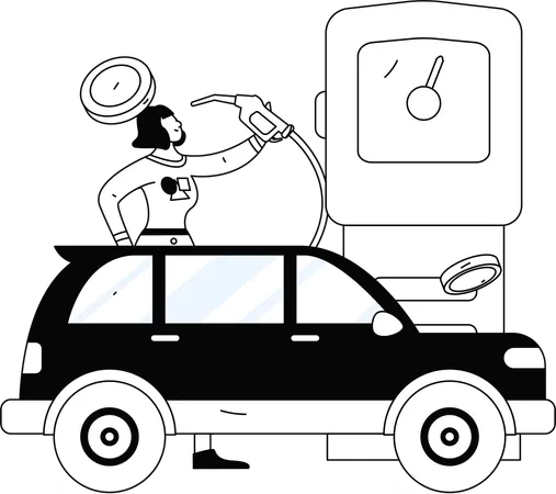 Girl refuelling car at Fuel station  Illustration