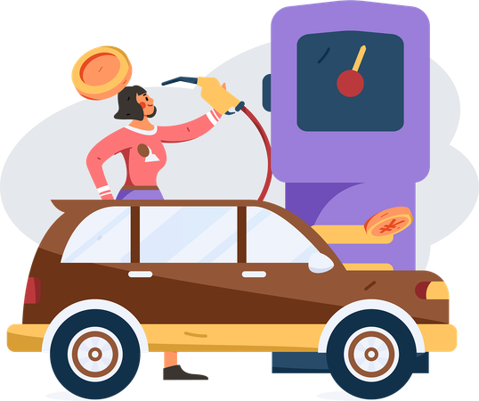 Girl refuelling car at Fuel station  Illustration