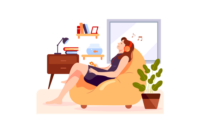 Girl relaxing and listening Music Illustration