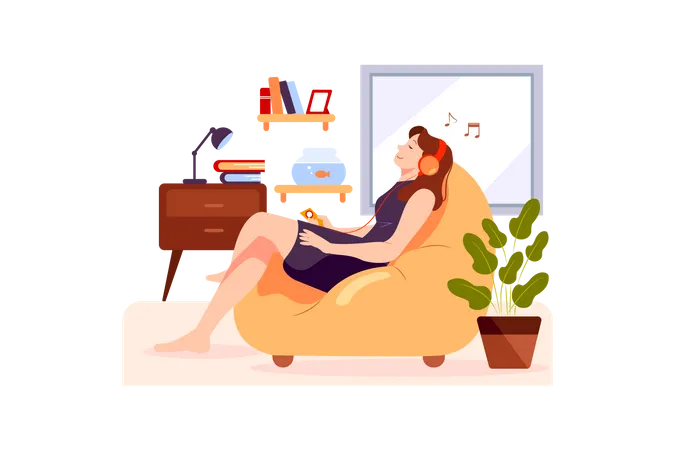 The Girl Is Relaxing On The Couch And Listening To The Music Illustration