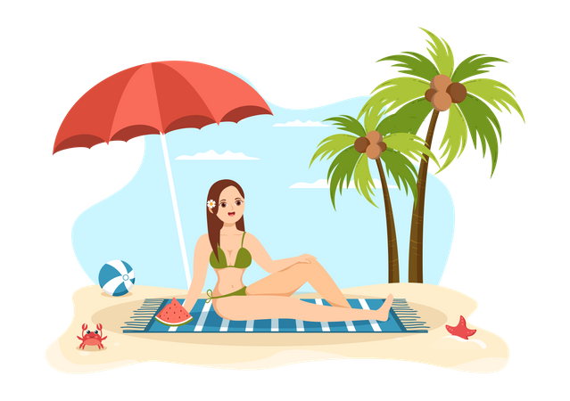 Girl relaxing at beach Illustration
