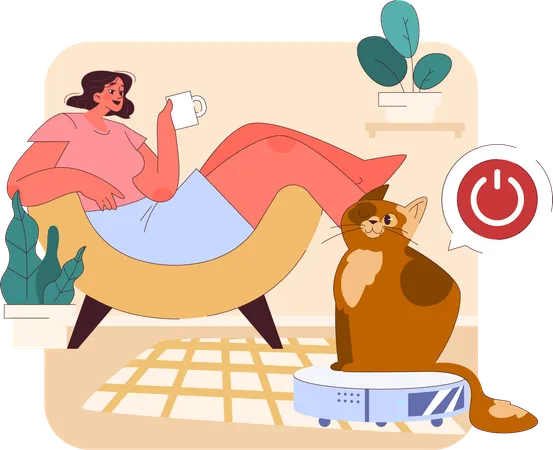 Girl relaxing at home with her cat  Illustration
