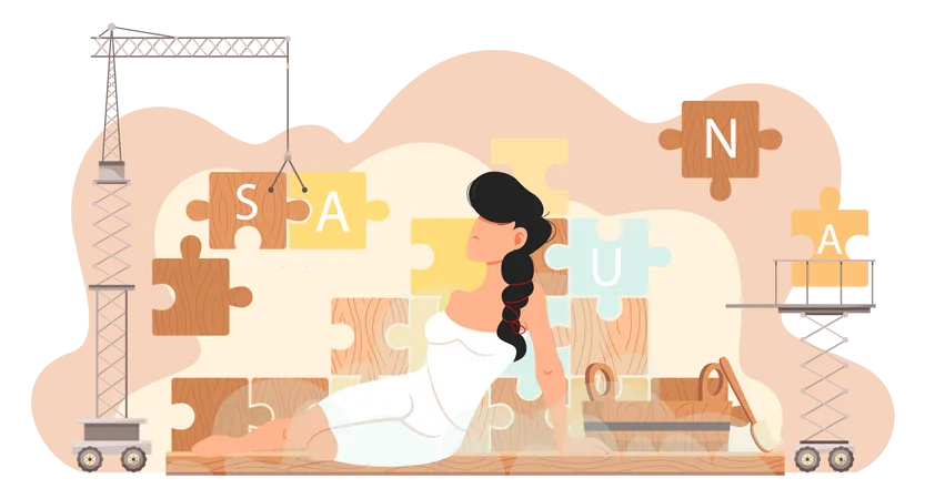 Young Woman On Background Of Pieces Of Puzzle With Inscription Sauna Technique Assembles Puzzle And Bath Accessories Lady Is Sitting With Bath Accessories Girl Wearing White Dress Taking Steam Bath Illustration