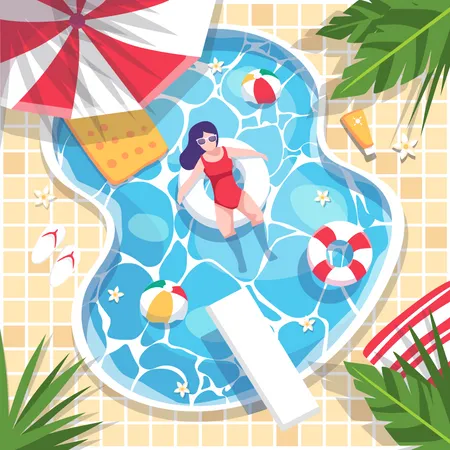 Summer Time Scene Ariel View Of The Pool Women In Bathing Suits Rest On Swimming Rings In The Pool There Are Balls And Inflatable Rafts There Are Slippers Umbrellas And Towels Next To The Pool Illustration