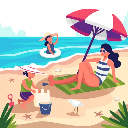 Summer Time Beach Concept A Woman On Vacation Comes To The Beach For A Swim And Then She Comes To Rest Under A Parasol Children Play In The Water And Build Sand Castles With Shovels And Buckets Illustration