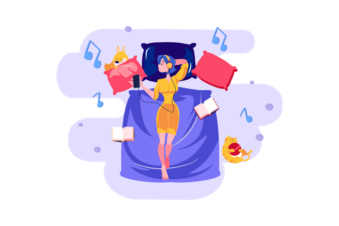 Girl relaxing on bed and listening to music Illustration