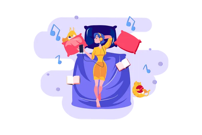 Girl relaxing on bed and listening to music  Illustration