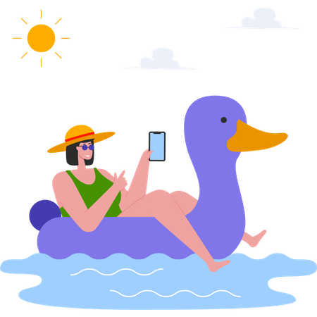 Girl relaxing on Swimming rubber duck ring Illustration