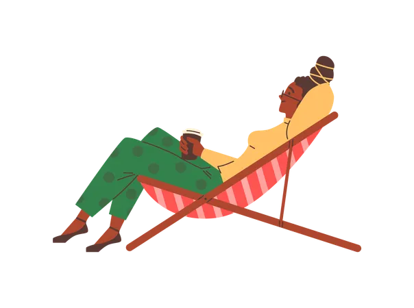 Girl relaxing on vintage beach chair in retro style  Illustration
