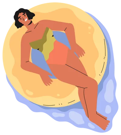 Girl Swimming In Inner Tube Or Swim Ring In Pool Sea Or Ocean Summer Theme Illustration With Resting In Water Smiling Woman Enjoing Vacation Resting And Sunbathing Isolated On White Background 일러스트레이션