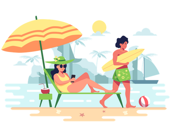 Girl relaxing under sunshade while boy going for surfing Illustration