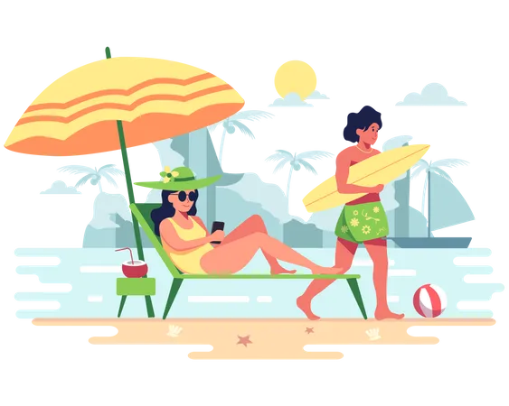 Couples Invites Each Other To A Vacation On The Beach The Windy Waves Are Perfect For Surfing Good Atmosphere Suitable For Sunbathing Young Woman Use A Cell Phone In Bed Under A Large Umbrella Illustration