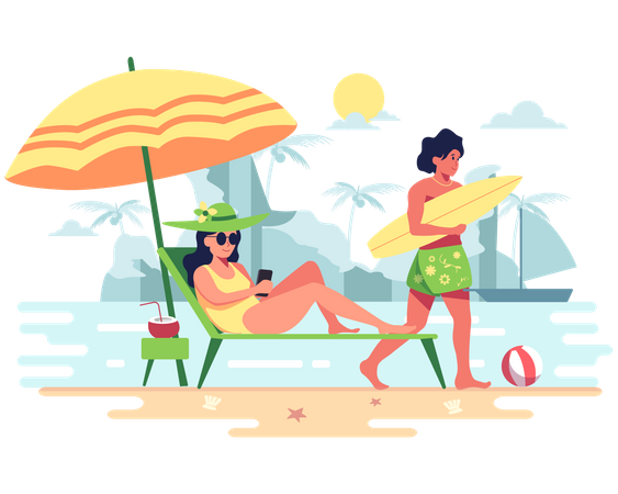 Girl relaxing under sunshade while boy going for surfing  Illustration