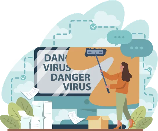 Girl removing danger virus text from system  Illustration