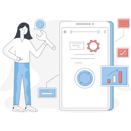 Girl  repairing mobile app  Illustration